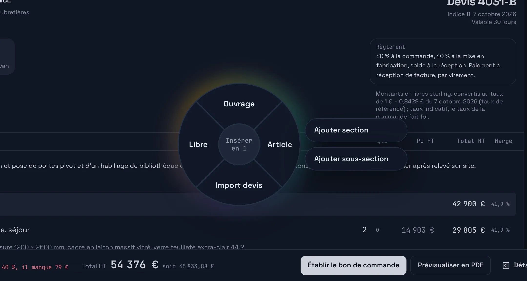 La roue du devis : ouvrage, article, import de devis, libre, sections